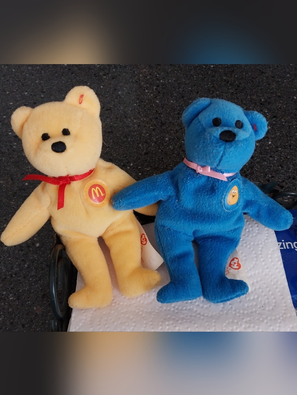 McDonald's Yellow & Blue Plush Bear Pair with Ribbons 2004 Teenie Beanie Babies